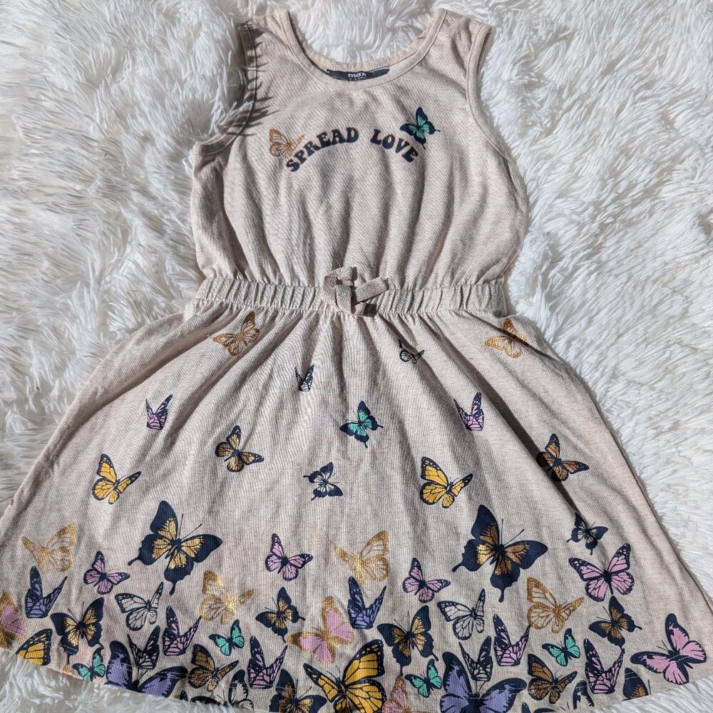 Beige “Spread Love” Butterfly Dress – Girls Summer Casual Outfit 3T 7/8